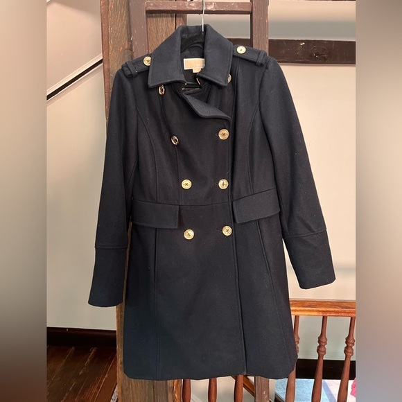 Michael Kors navy blue wool blend coat women’s size 8 long length gold hardware - Picture 1 of 15